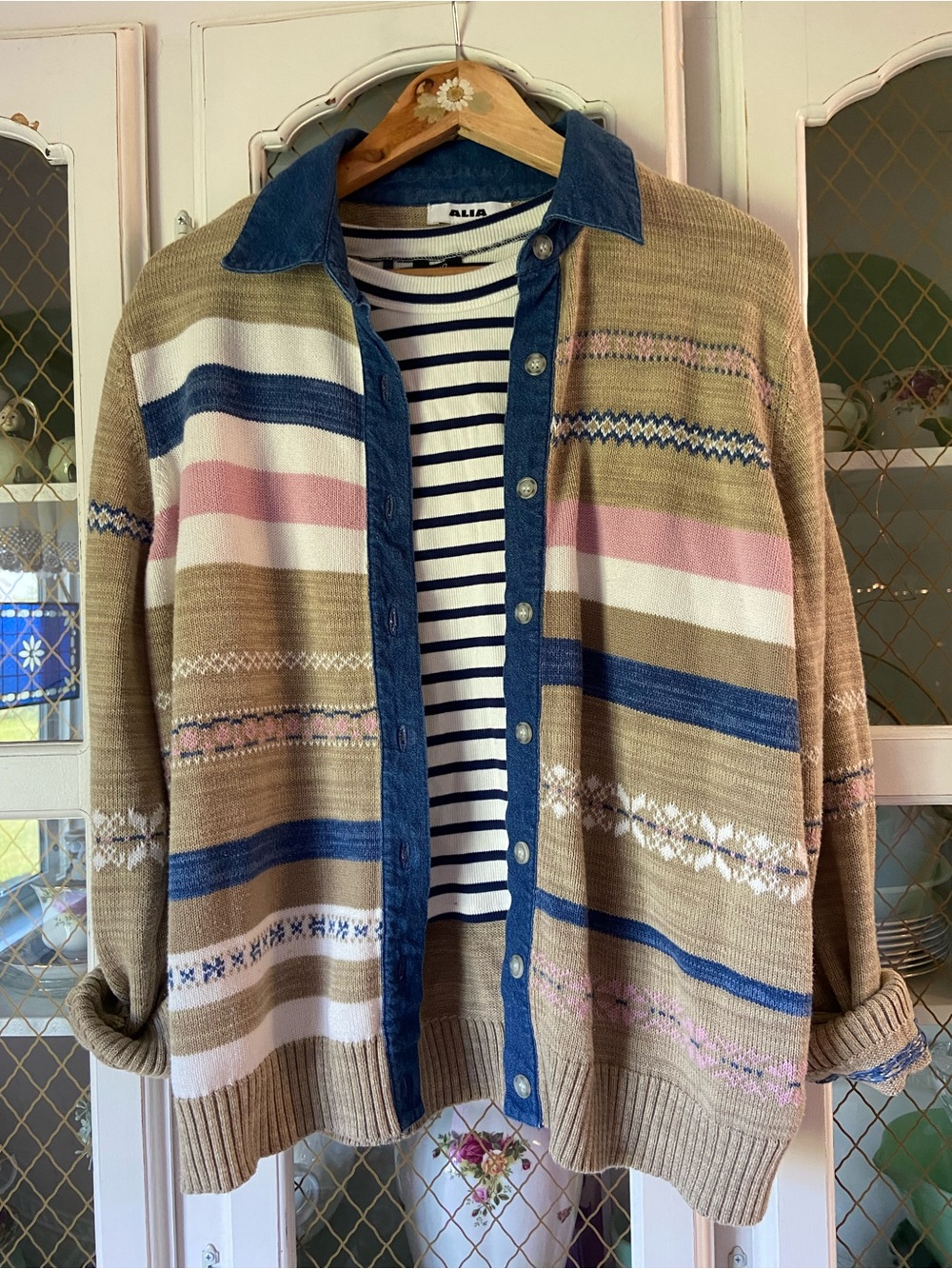 Alia Stripe Denim Trim Knit Button Front Beige Blue Pink GUC Mixed Media